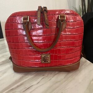 Dooney & Bourke Red Croc-Embossed Satchel with Brown Accents